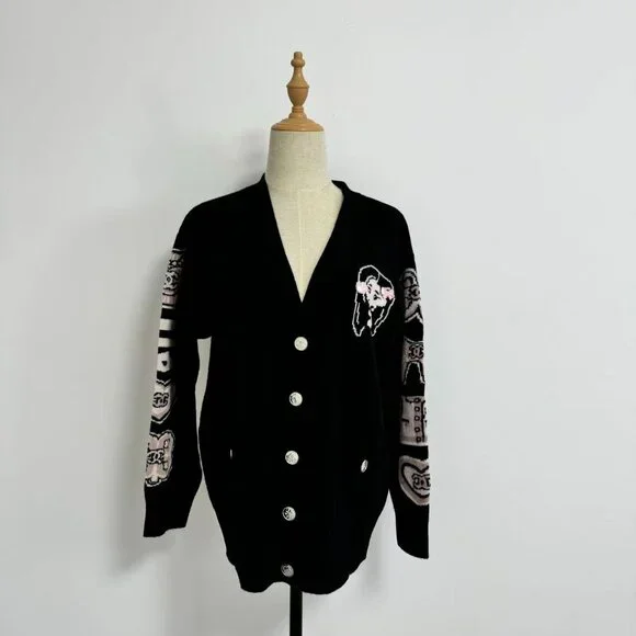 Chanel Black Knit Cardigan Cartoon Embroidery Plays Up Luxury Childlike Style - Picture 3 of 10